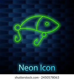 Glowing neon line Fishing lure icon isolated on brick wall background. Fishing tackle.  Vector