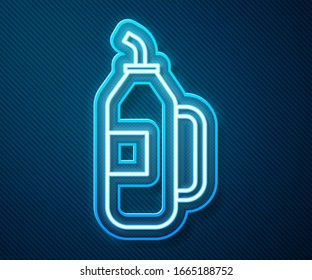 Glowing neon line Fitness shaker icon isolated on blue background. Sports shaker bottle with lid for water and protein cocktails.  Vector Illustration