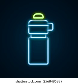 Glowing neon line Fitness shaker icon isolated on black background. Sports shaker bottle with lid for water and protein cocktails. Colorful outline concept. Vector