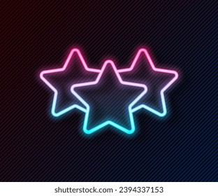 Línea de neón brillante Icono de revisión de calificación de producto de cinco estrellas aislado en fondo negro. Favorito, mejor calificación, símbolo de premio.  Vector