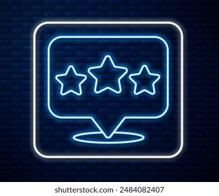 Glowing neon line Five stars customer product rating review icon isolated on brick wall background. Favorite, best rating, award symbol.  Vector