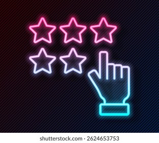 Glowing neon line Five stars customer product rating review icon isolated on black background. Favorite, best rating, award symbol.  Vector