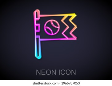 Glowing neon line Flag with baseball ball icon isolated on black background.  Vector