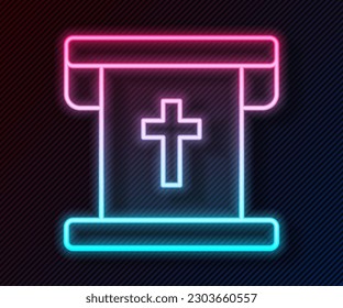 Glowing neon line Flag with christian cross icon isolated on black background.  Vector
