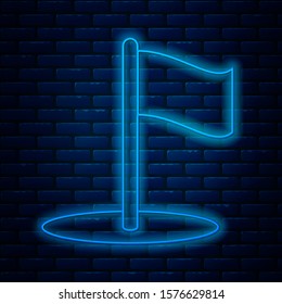 Glowing neon line Flag icon isolated on brick wall background. Location marker symbol.  Vector Illustration