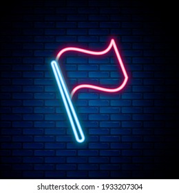 Glowing neon line Flag icon isolated on brick wall background. Colorful outline concept. Vector