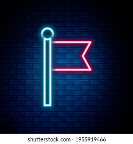 Glowing neon line Flag icon isolated on brick wall background. Victory, winning and conquer adversity concept. Colorful outline concept. Vector