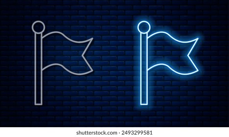 Glowing neon line Flag icon isolated on brick wall background. Victory, winning and conquer adversity concept.  Vector
