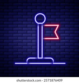 Glowing neon line Flag icon isolated on brick wall background. Victory, winning and conquer adversity concept. Colorful outline concept. Vector