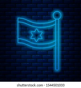 Glowing neon line Flag of Israel icon isolated on brick wall background. National patriotic symbol.  Vector Illustration