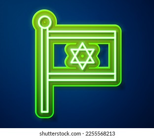 Glowing neon line Flag of Israel icon isolated on blue background. National patriotic symbol.  Vector