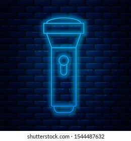 Glowing neon line Flashlight icon isolated on brick wall background.  Vector Illustration