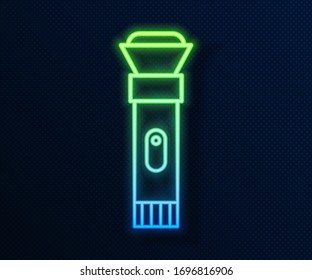 Glowing neon line Flashlight icon isolated on blue background.  Vector Illustration