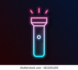 Glowing neon line Flashlight icon isolated on black background.  Vector Illustration