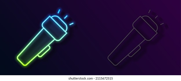 Glowing neon line Flashlight icon isolated on black background.  Vector
