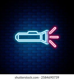 Glowing neon line Flashlight icon isolated on brick wall background. Colorful outline concept. Vector