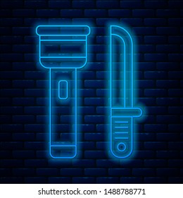 Glowing neon line Flashlight and knife icon isolated on brick wall background.  Vector Illustration