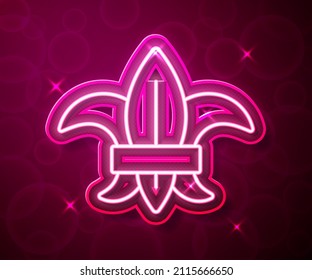 Glowing neon line Fleur de lys or lily flower icon isolated on red background.  Vector