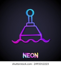Glowing neon line Floating buoy on the sea icon isolated on black background.  Vector