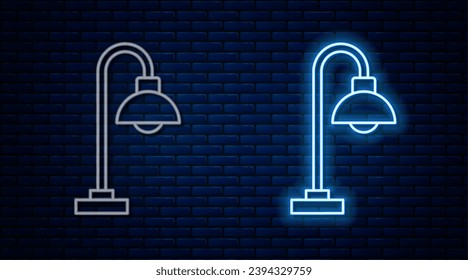 Glowing neon line Floor lamp icon isolated on brick wall background.  Vector
