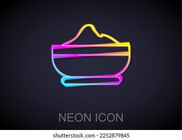 Glowing neon line Flour bowl icon isolated on black background. Baking Ingredients. Healthy organic food. Kitchen utensils cup. Dough cooking.  Vector