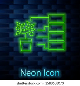 Glowing neon line Flower analysis icon isolated on brick wall background.  Vector Illustration
