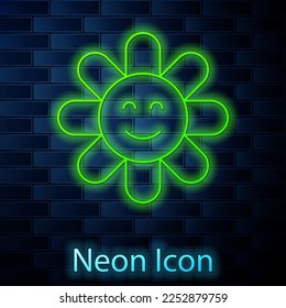 Glowing neon line Flower icon isolated on brick wall background.  Vector