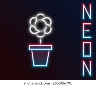 Glowing neon line Flower in pot icon isolated on black background. Plant growing in a pot. Potted plant sign. Colorful outline concept. Vector Illustration
