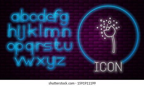 Glowing neon line Flower producing pollen in atmosphere icon isolated on brick wall background. Neon light alphabet. Vector Illustration