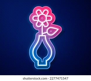Glowing neon line Flower in vase icon isolated on blue background.  Vector