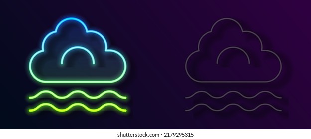 Glowing neon line Fog and cloud icon isolated on black background.  Vector