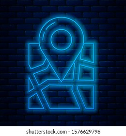 Glowing neon line Folded map with location marker icon isolated on brick wall background.  Vector Illustration