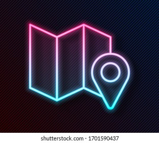 Glowing neon line Folded map with location marker icon isolated on black background.  Vector Illustration