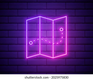 Glowing neon line Folded map icon isolated on brick wall background. Vector Illustration.