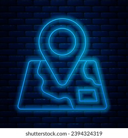 Glowing neon line Folded map with location marker icon isolated on brick wall background.  Vector