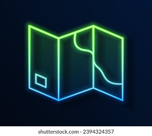 Glowing neon line Folded map icon isolated on blue background.  Vector