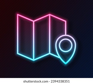 Glowing neon line Folded map with location marker icon isolated on black background.  Vector