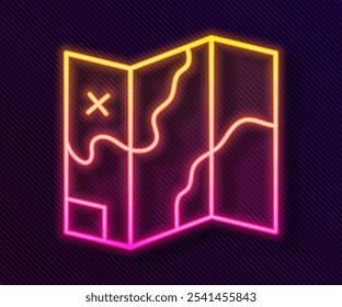 Glowing neon line Folded map icon isolated on black background.  Vector