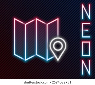 Glowing neon line Folded map with location marker icon isolated on black background. Colorful outline concept. Vector