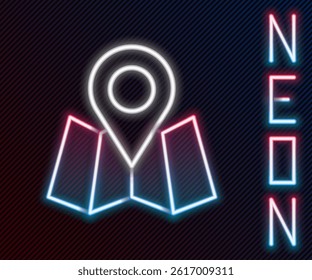 Glowing neon line Folded map with location marker icon isolated on black background. Colorful outline concept. Vector