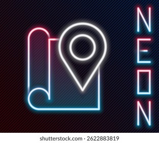 Glowing neon line Folded map with location marker icon isolated on black background. Colorful outline concept. Vector