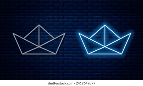 Glowing neon line Folded paper boat icon isolated on brick wall background. Origami paper ship.  Vector