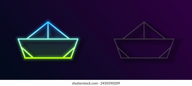 Glowing neon line Folded paper boat icon isolated on black background. Origami paper ship.  Vector