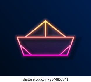Línea de neón brillante Icono de barco de papel plegado aislado sobre fondo negro. Nave de papel de origami.  Vector