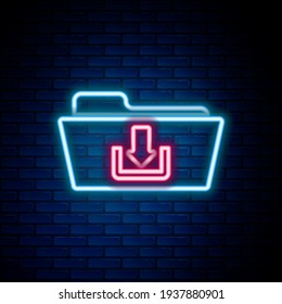 Glowing neon line Folder download icon isolated on brick wall background. Colorful outline concept. Vector