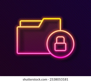 Glowing neon line Folder and lock icon isolated on black background. Closed folder and padlock. Security, safety, protection concept.  Vector