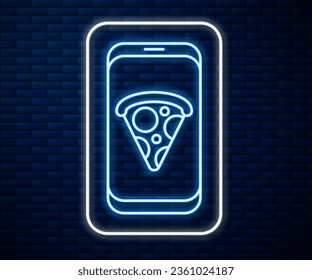 Glowing neon line Food ordering pizza icon isolated on brick wall background. Order by mobile phone. Restaurant food delivery concept.  Vector Illustration