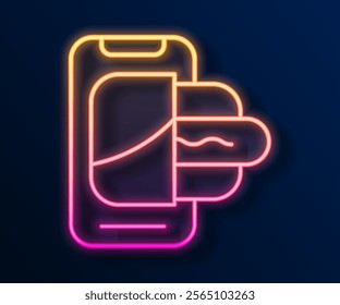 Glowing neon line Food ordering on mobile icon isolated on black background. Order by mobile phone. Restaurant food delivery concept.  Vector