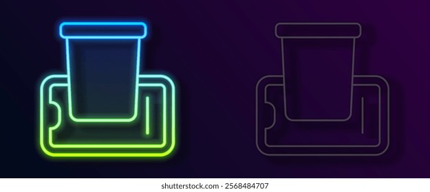 Glowing neon line Food ordering on mobile icon isolated on black background. Order by mobile phone. Restaurant food delivery concept.  Vector