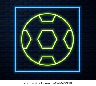 Glowing neon line Football ball icon isolated on brick wall background. Soccer ball. Sport equipment.  Vector